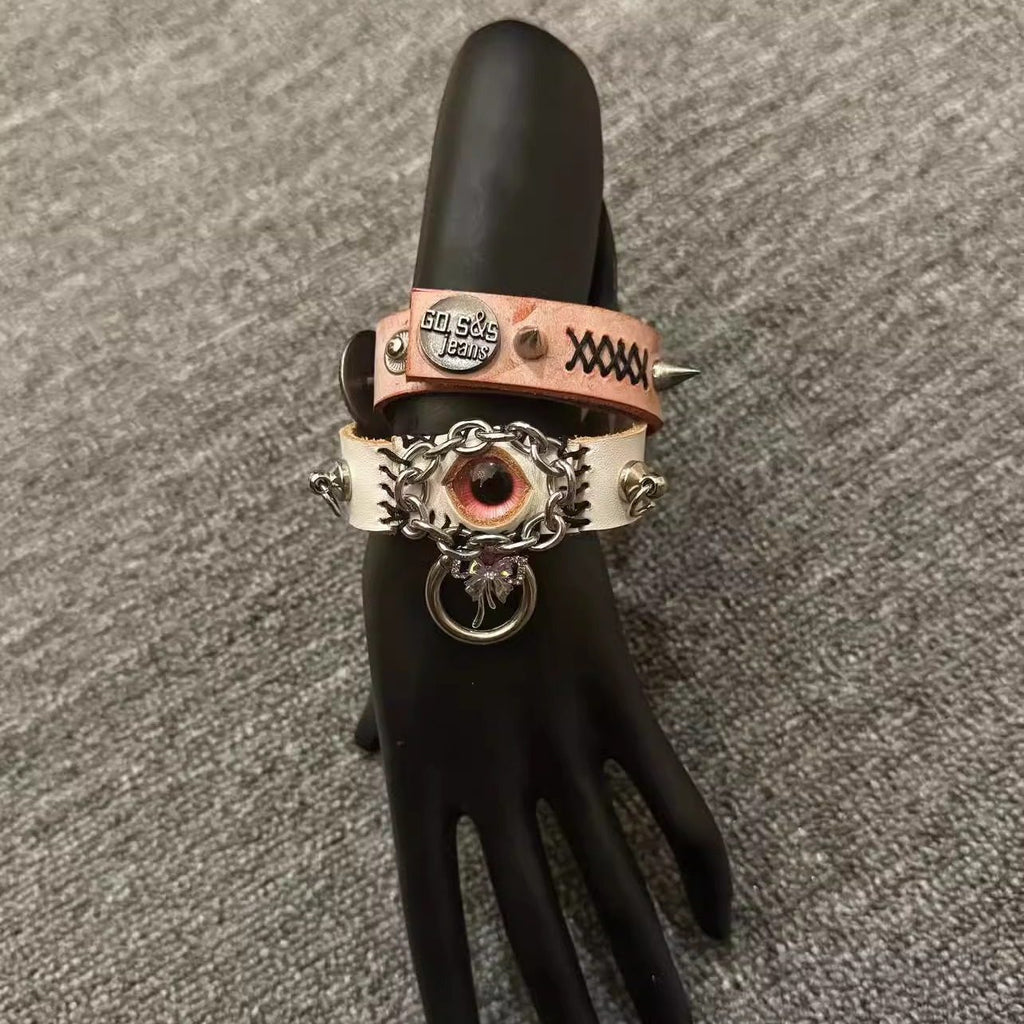 2-in-1 Pink Leather Poker Choker & Wrap Bracelet - Card Suits Charms (Heart, Spade, Diamond) - Queen of Hearts Aesthetic