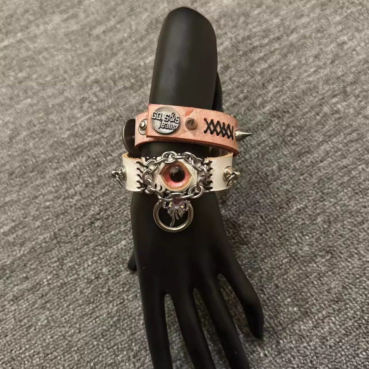 2-in-1 Pink Leather Poker Choker & Wrap Bracelet - Card Suits Charms (Heart, Spade, Diamond) - Queen of Hearts Aesthetic