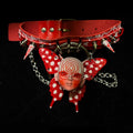 Red Graffiti Leather Spiked Choker with Spiral Doll Face & Spotted Butterfly Wings
