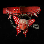 Red Graffiti Leather Spiked Choker with Spiral Doll Face & Spotted Butterfly Wings
