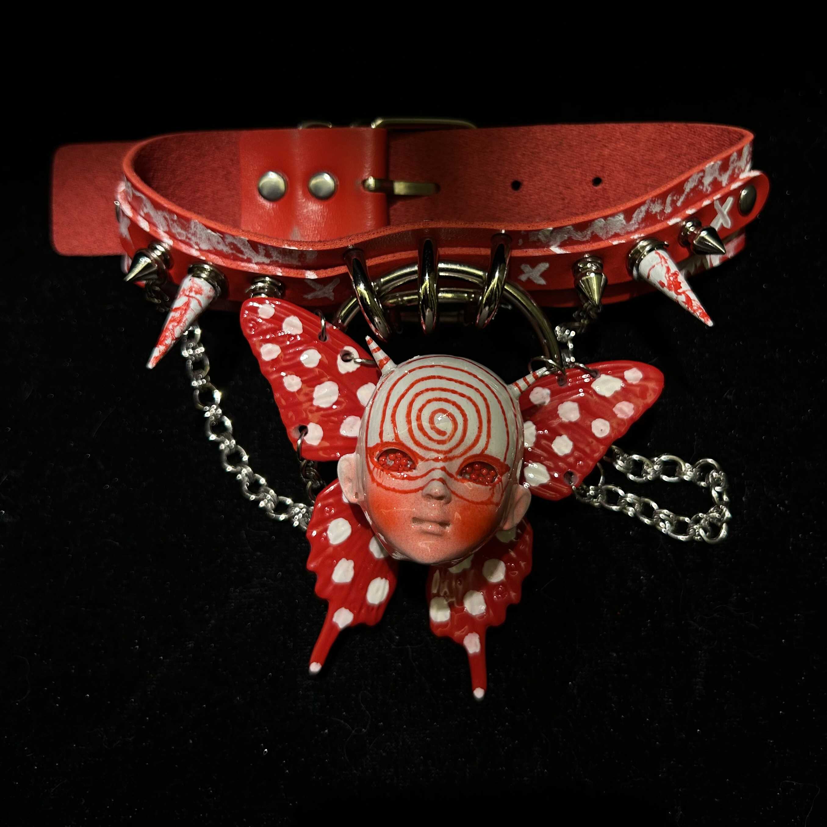 Red Graffiti Leather Spiked Choker with Spiral Doll Face & Spotted Butterfly Wings