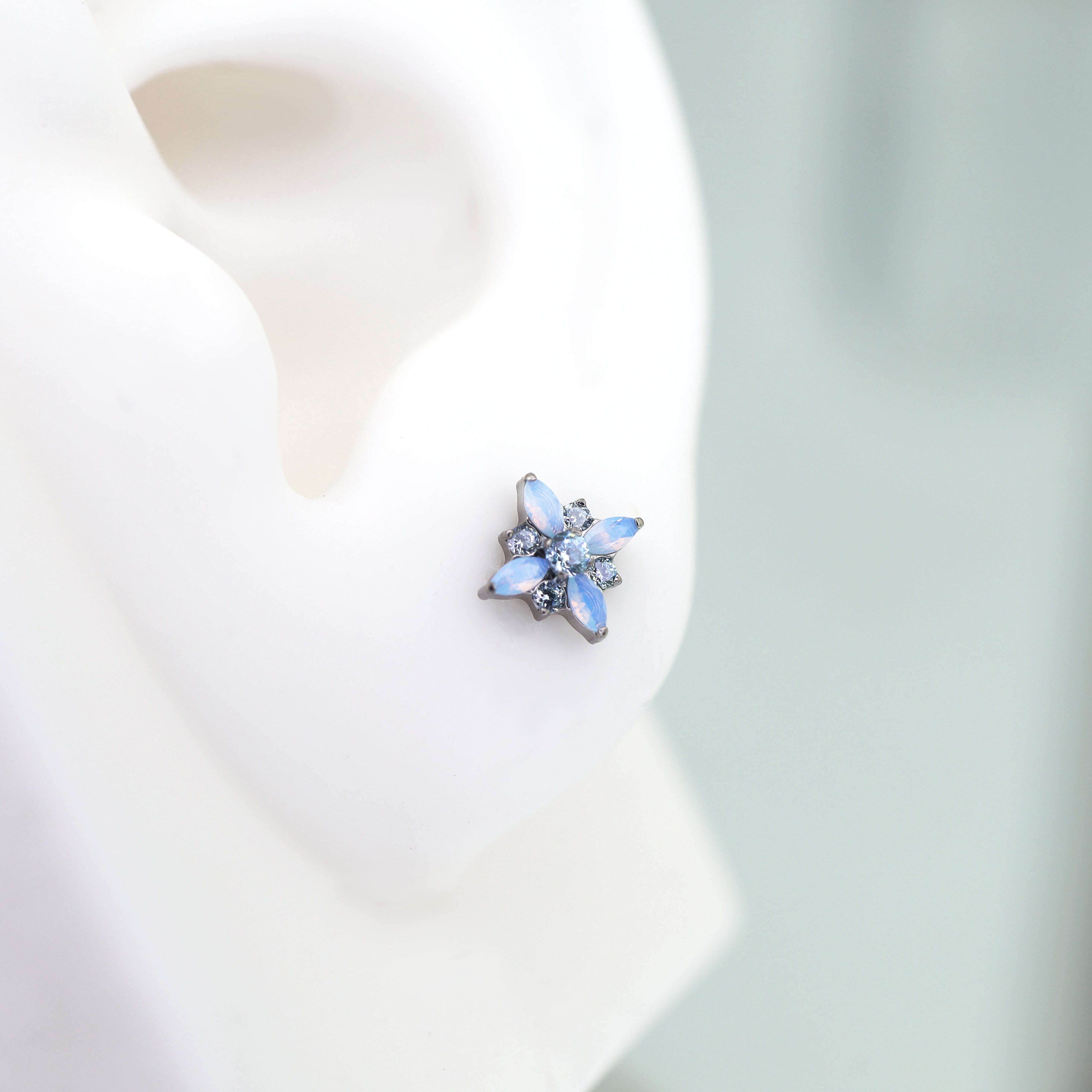 Dainty Pink & Blue Floral Opal Stud - Sweet Implant Grade Titanium Ear & Lip Piercing
