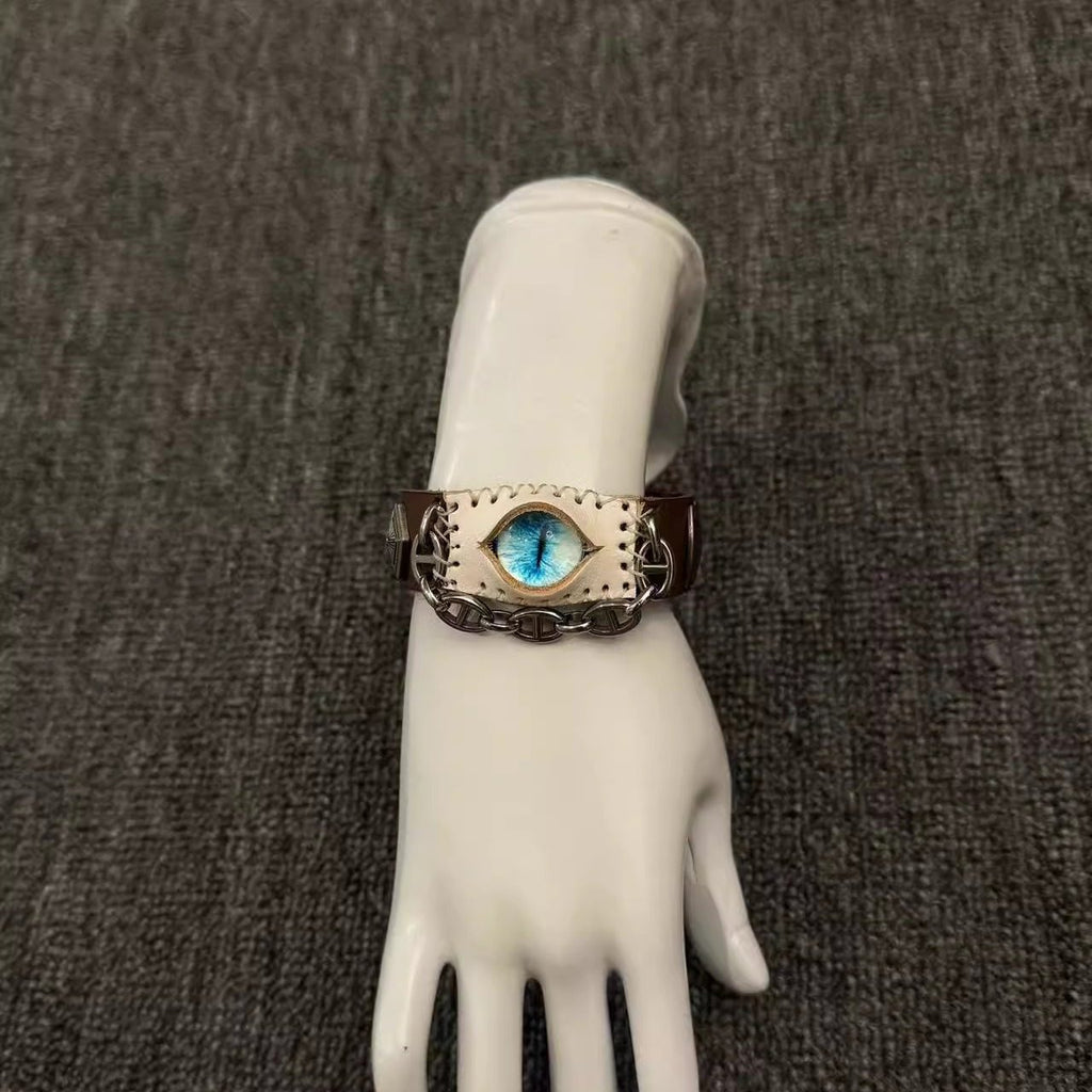 Desert Tan Suede Dragon Eye Bracelet - Spiked Chain Cuff - Yellow Reptile Eye Wristband - Wasteland Aesthetic