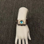 Desert Tan Suede Dragon Eye Bracelet - Spiked Chain Cuff - Yellow Reptile Eye Wristband - Wasteland Aesthetic