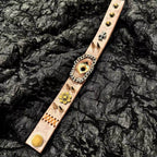 Steampunk Brown Leather Dragon Eye Bracelet - Vintage Grunge Spiked Cuff - Golden Cat Eye Wristband - Wasteland Aesthetic