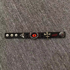 Gothic Black Leather Stitched Bracelet - Red Dragon Eye Cuff with Skull & Cross - Dark Punk Rock Wristband
