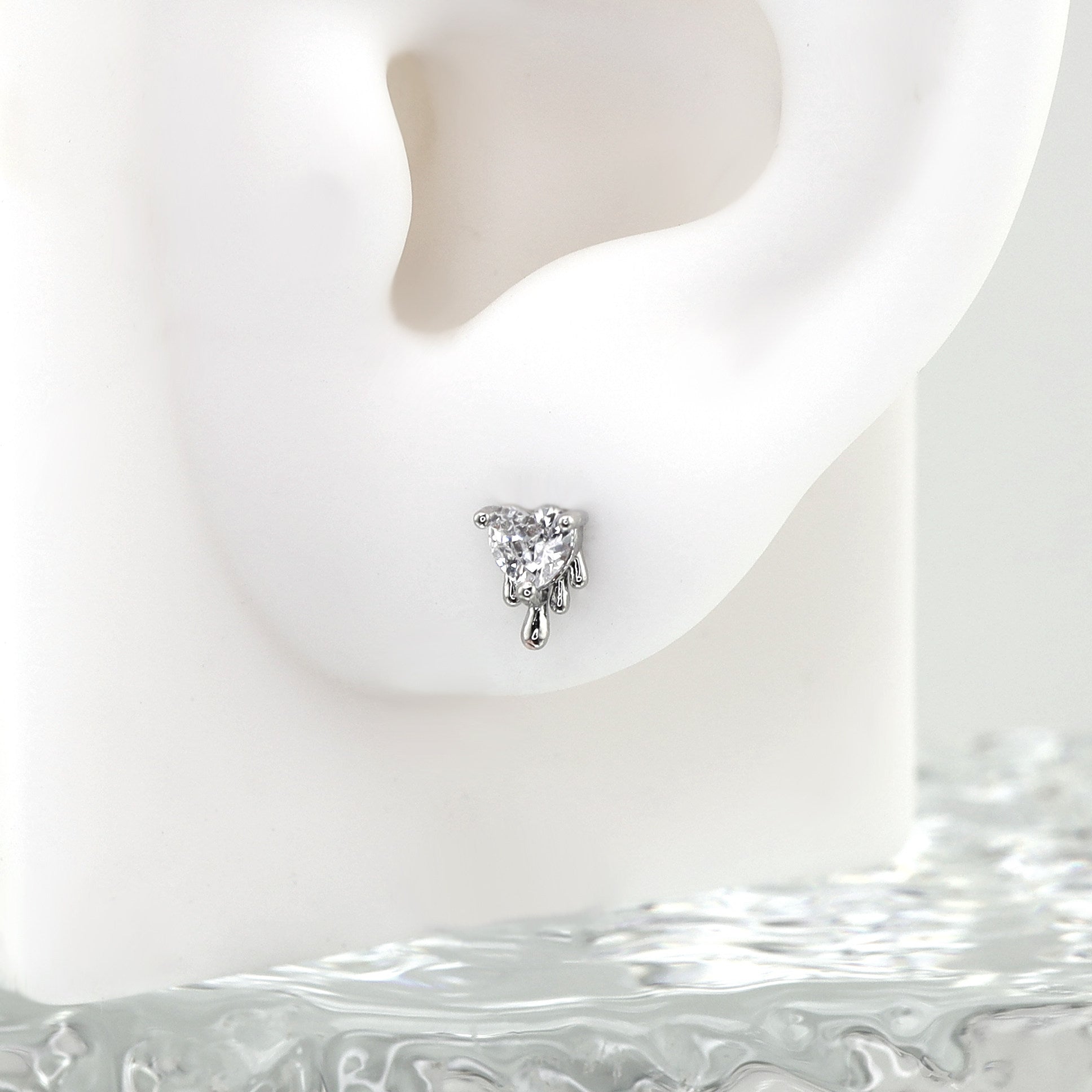 Liquid Metal CZ Heart Stud - Dainty Molten Cartilage Earring