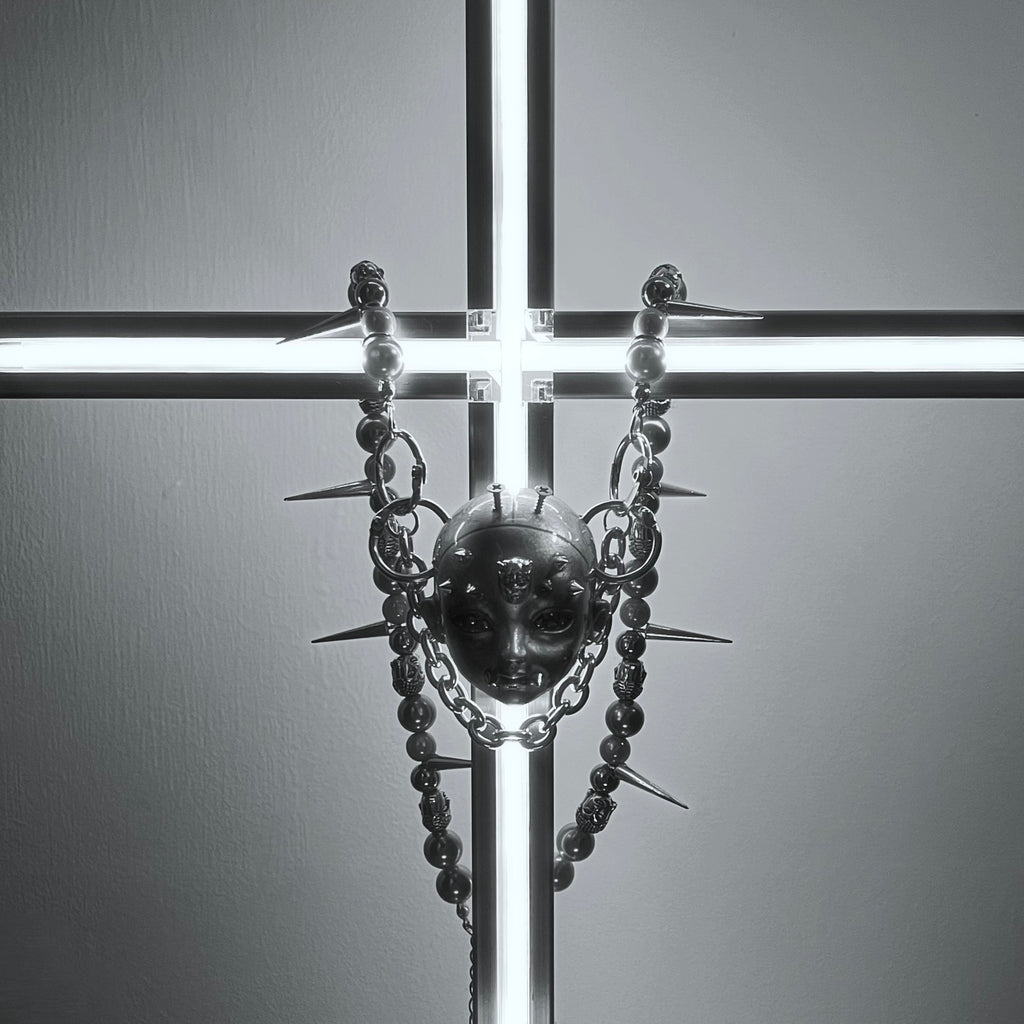Silver Metallic "Third Eye" Crying Doll Face Choker - Black Leather & Gothic Cross Studs