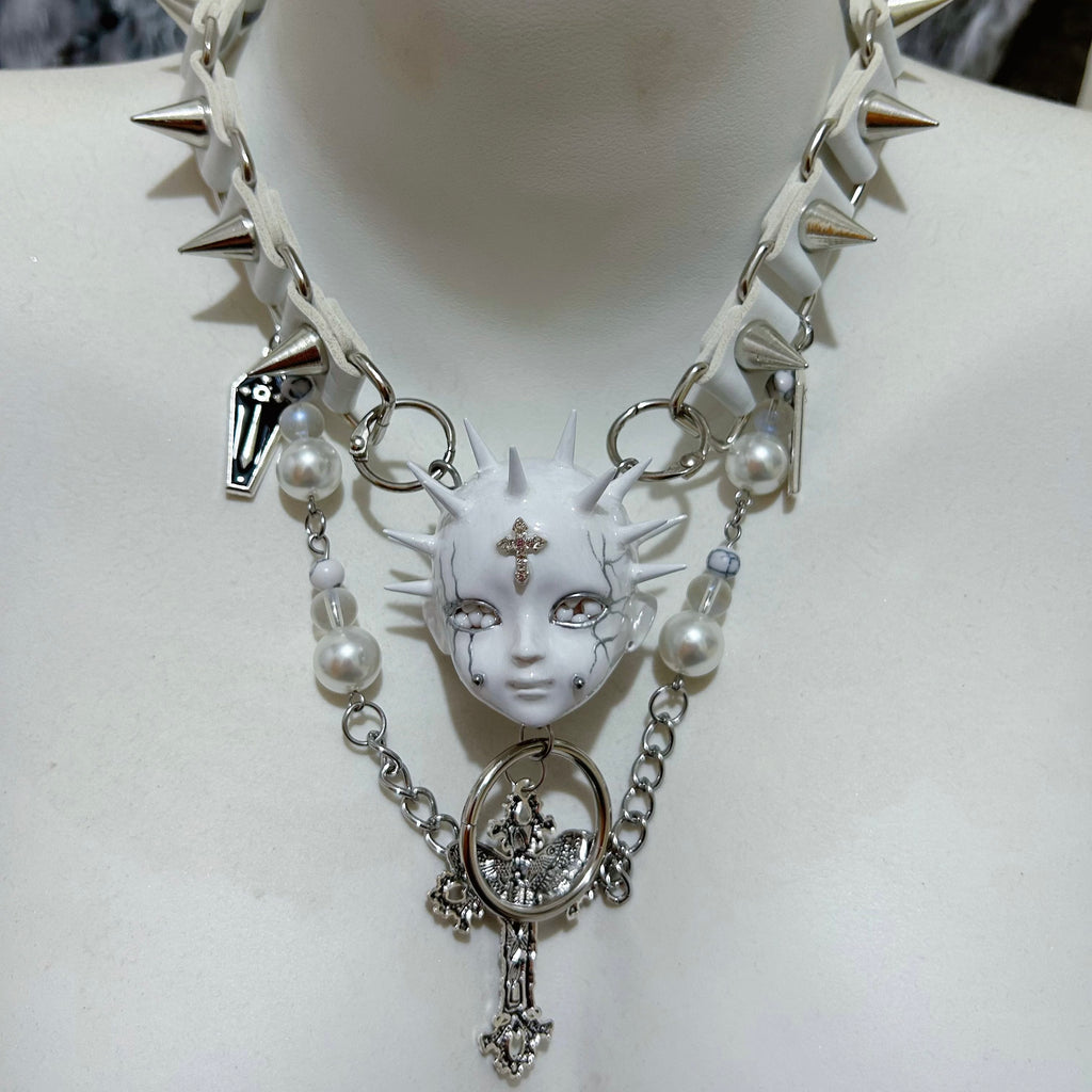 White Goth "Crying Angel" Spiked Doll Face Choker - Pearls, Coffins & Ornate Cross