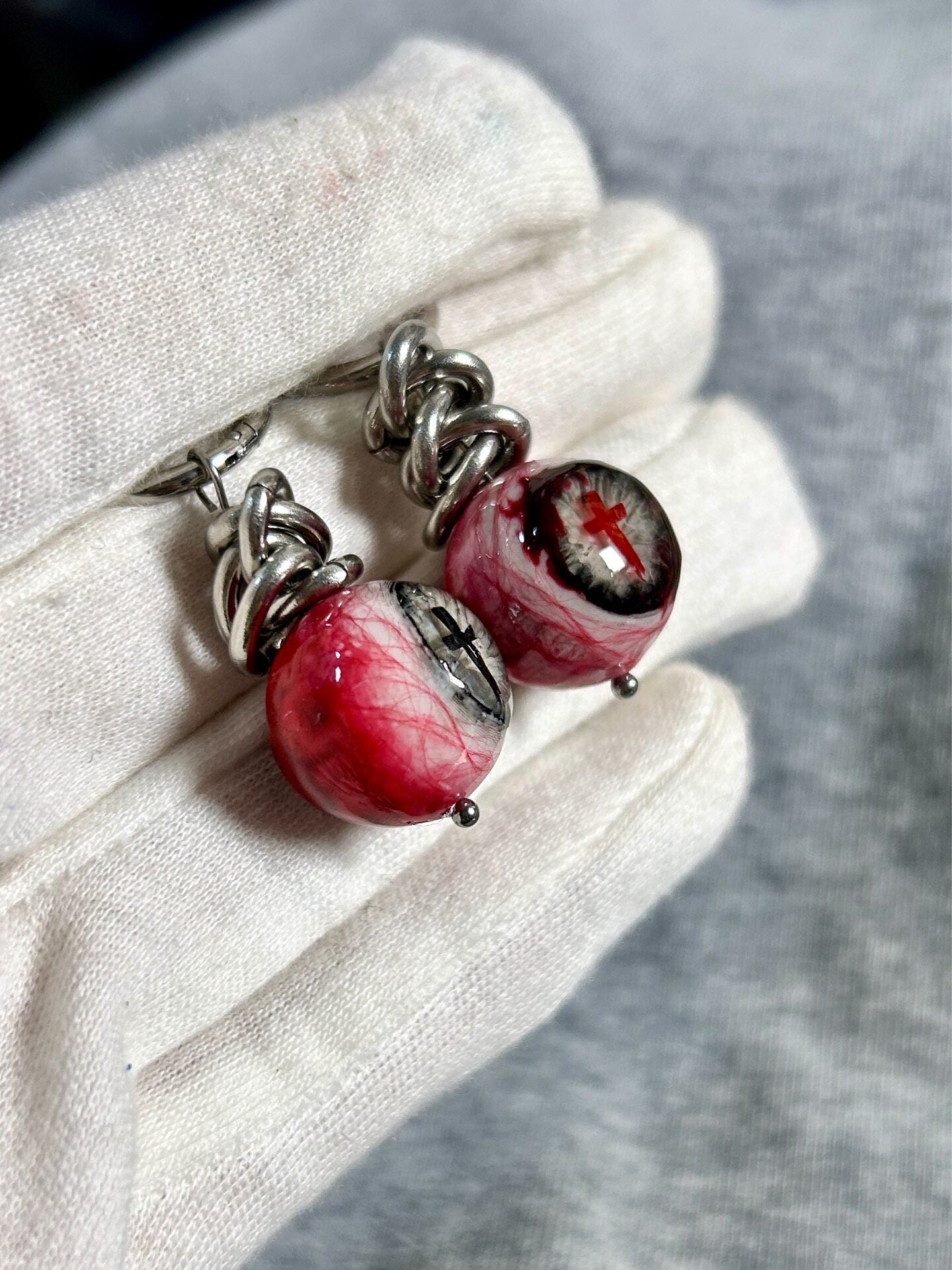 Sacred Torment | Heavy Chain Bloodshot Cross Eyeball Earrings