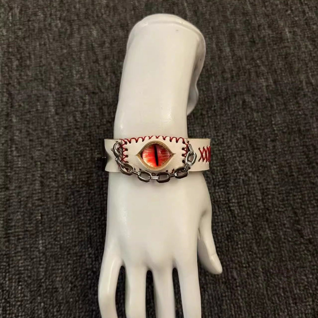 White Leather Stitched Evil Eye Bracelet - Medical Horror Aesthetic Cuff - Voodoo Doll Style Wristband