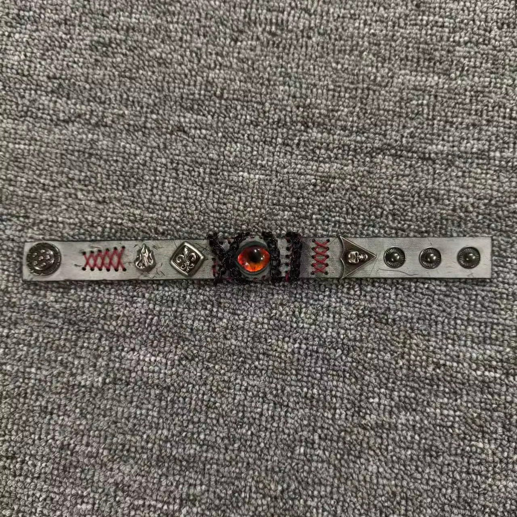 Grunge Concrete Grey Leather Stitched Bracelet - Red Dragon Eye Cuff - Punk Wristband