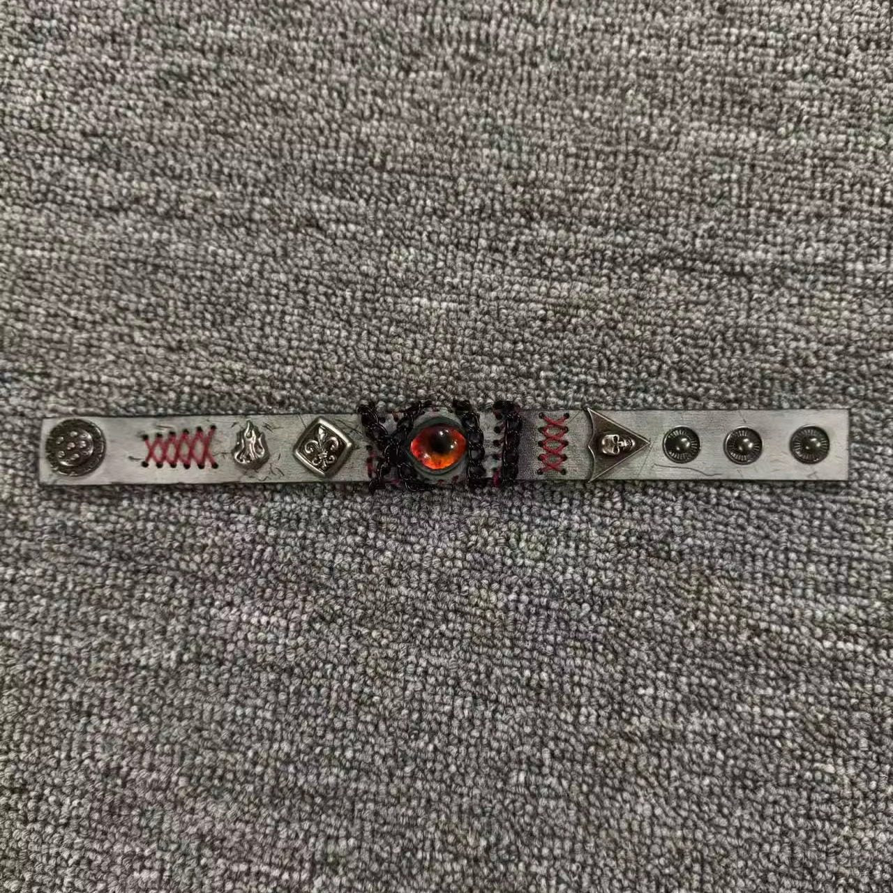 Grunge Concrete Grey Leather Stitched Bracelet - Red Dragon Eye Cuff - Punk Wristband