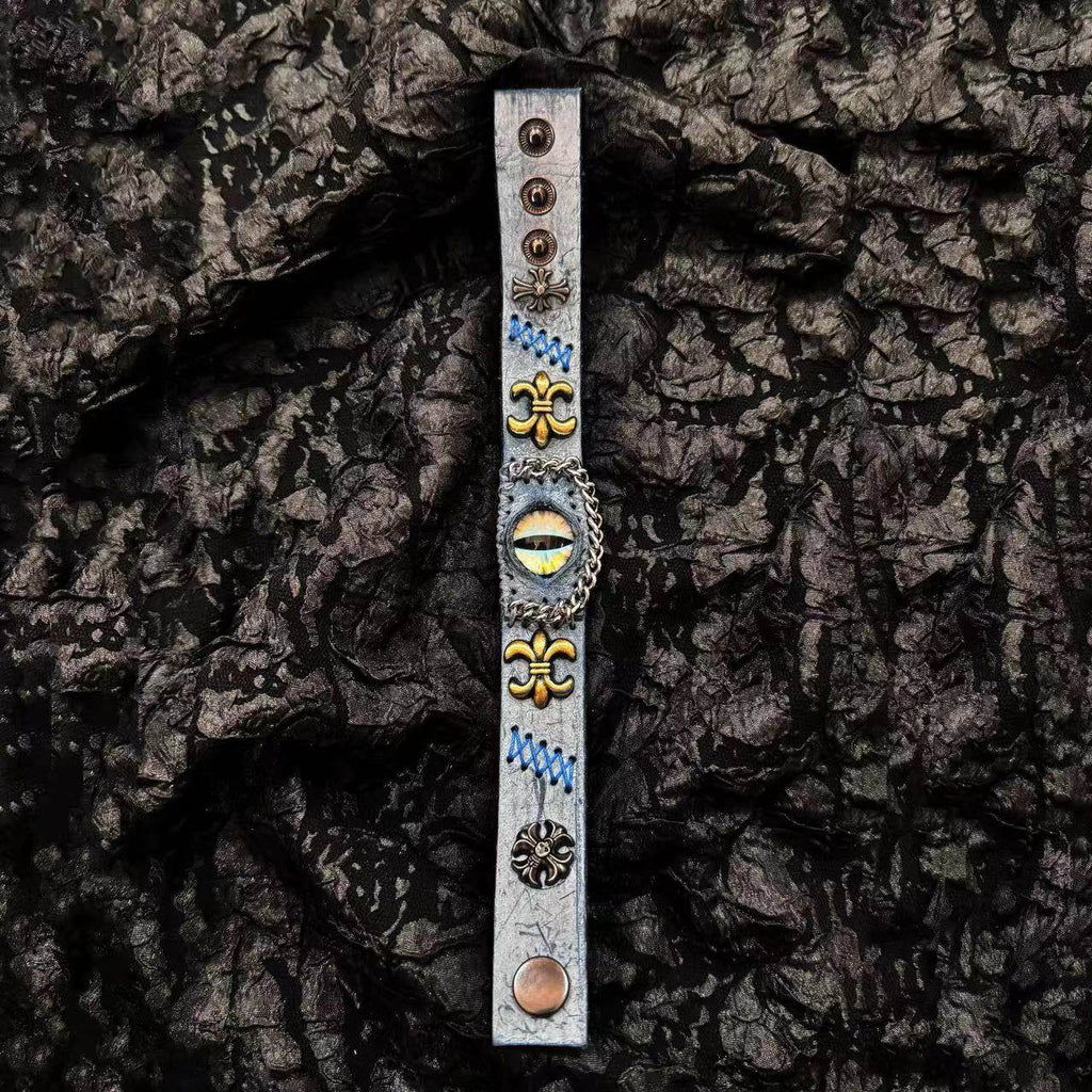 Ancient Grey Leather Dragon Eye Bracelet - Blue Runic Pattern Cuff - Nordic Viking Style Wristband - Vintage Brass Studs
