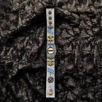 Ancient Grey Leather Dragon Eye Bracelet - Blue Runic Pattern Cuff - Nordic Viking Style Wristband - Vintage Brass Studs