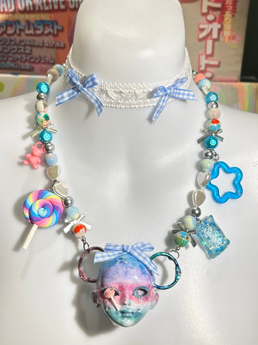 Sweet Lolita Pastel Doll Face Necklace with Rainbow & Blue Gingham Bows