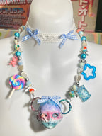 Sweet Lolita Pastel Doll Face Necklace with Rainbow & Blue Gingham Bows