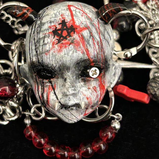 Occult Vampire Demon Doll Face Necklace - Bloody Pentagram, Fangs & Heavy Chains With Chocker