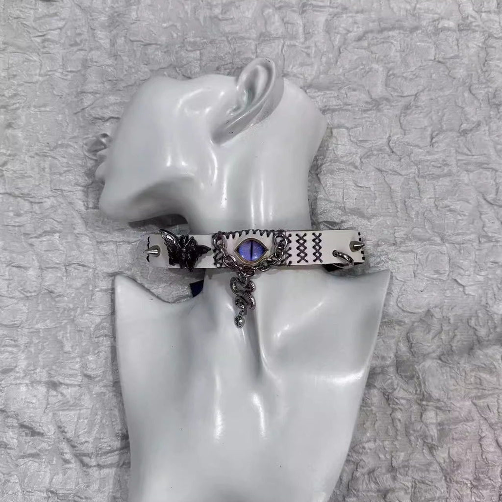 2-in-1 Gothic White Leather Choker & Wrap Bracelet - Purple Dragon Eye Snake & Moth Necklace - Grunge Silver Charms