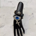 2-in-1 Gothic Black Leather Choker & Wrap Bracelet - Blue Dragon Eye Necklace - Silver Gun & Rose Charm - Punk Rock Jewelry