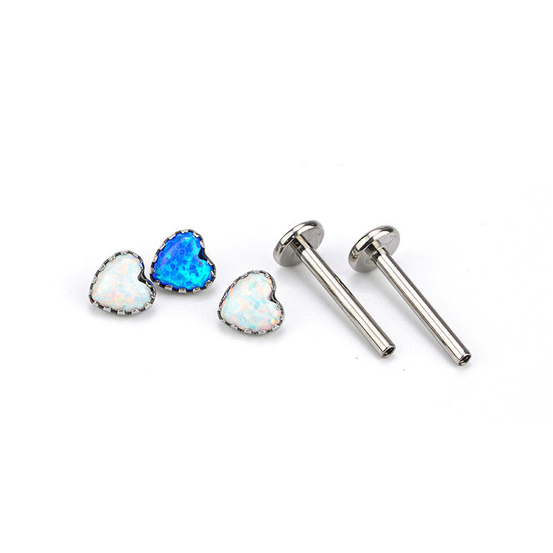 ASTM F136 Titanium Heart Opal Labret Stud - Internally Threaded Cartilage & Lip Piercing