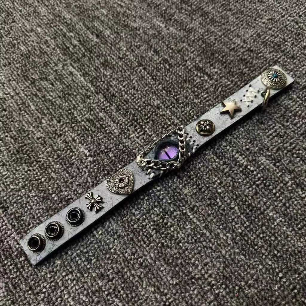 Celestial Ice Blue Leather Bracelet - Purple Dragon Eye Cuff - Star Studded Fantasy Wristband - Galaxy Aesthetic