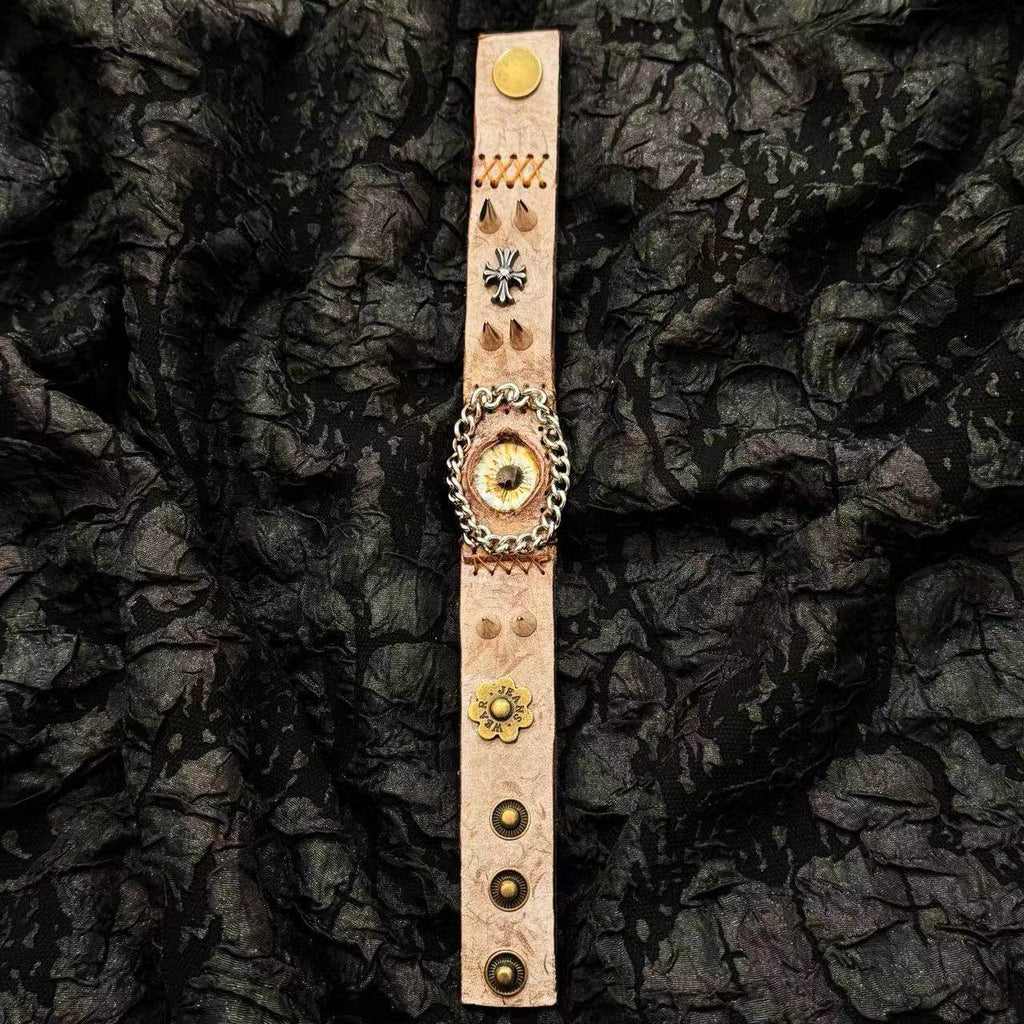 Steampunk Brown Leather Dragon Eye Bracelet - Vintage Grunge Spiked Cuff - Golden Cat Eye Wristband - Wasteland Aesthetic