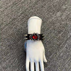 Gothic Black Leather Stitched Bracelet - Red Dragon Eye Cuff with Skull & Cross - Dark Punk Rock Wristband