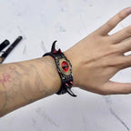 Gothic Dragon Eye Leather Bracelet - Spiked Punk Wristband - Realistic Demon Eyeball Cuff