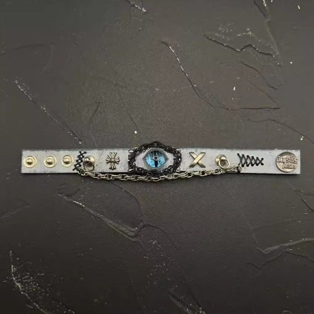 Gothic Mystic Eye Leather Bracelet - Dragon, Snake & Moth Series - Spiked Fantasy Wristband Cuff