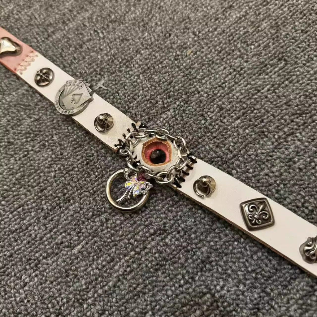 2-in-1 Pink Leather Poker Choker & Wrap Bracelet - Card Suits Charms (Heart, Spade, Diamond) - Queen of Hearts Aesthetic