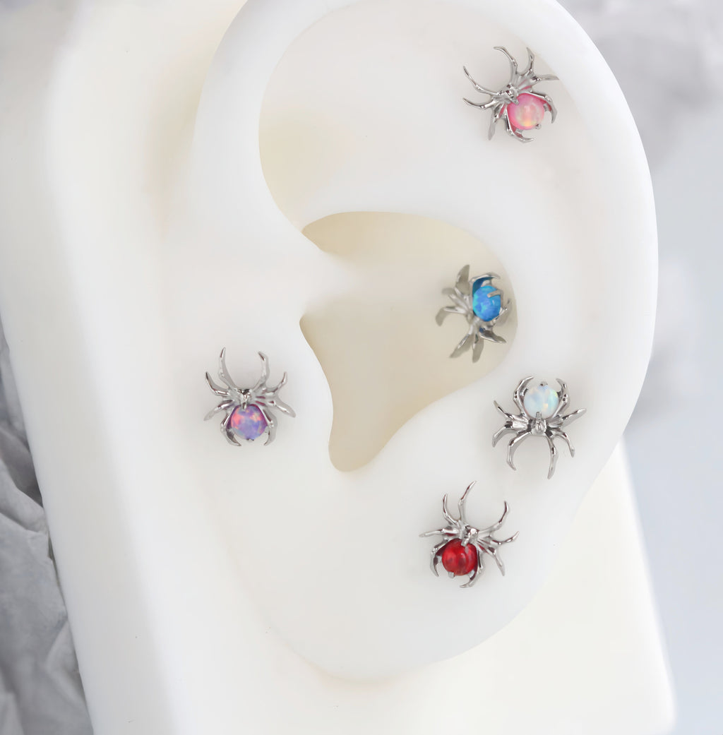 Titanium Fire Opal Spider Stud | Sparkling Synthetic Opal Insect Piercing for Helix & Cartilage