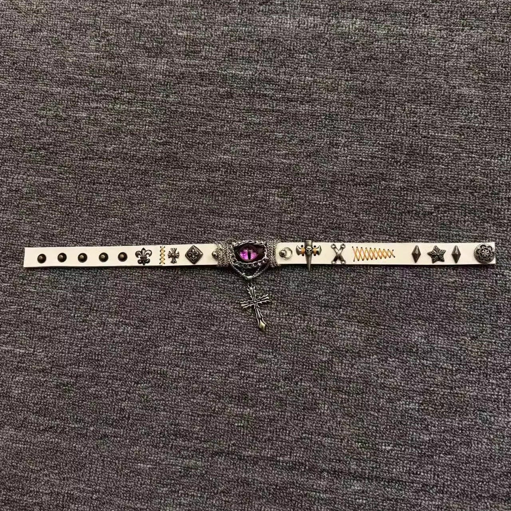 2-in-1 Gothic White Leather Choker & Wrap Bracelet - Purple Dragon Eye Cross Necklace - Convertible Punk Jewelry