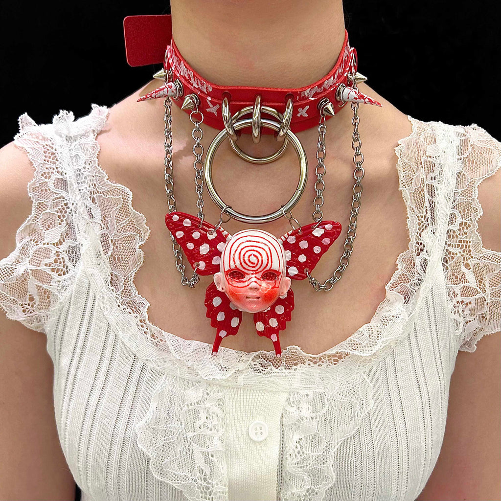 Red Graffiti Leather Spiked Choker with Spiral Doll Face & Spotted Butterfly Wings