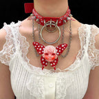 Red Graffiti Leather Spiked Choker with Spiral Doll Face & Spotted Butterfly Wings