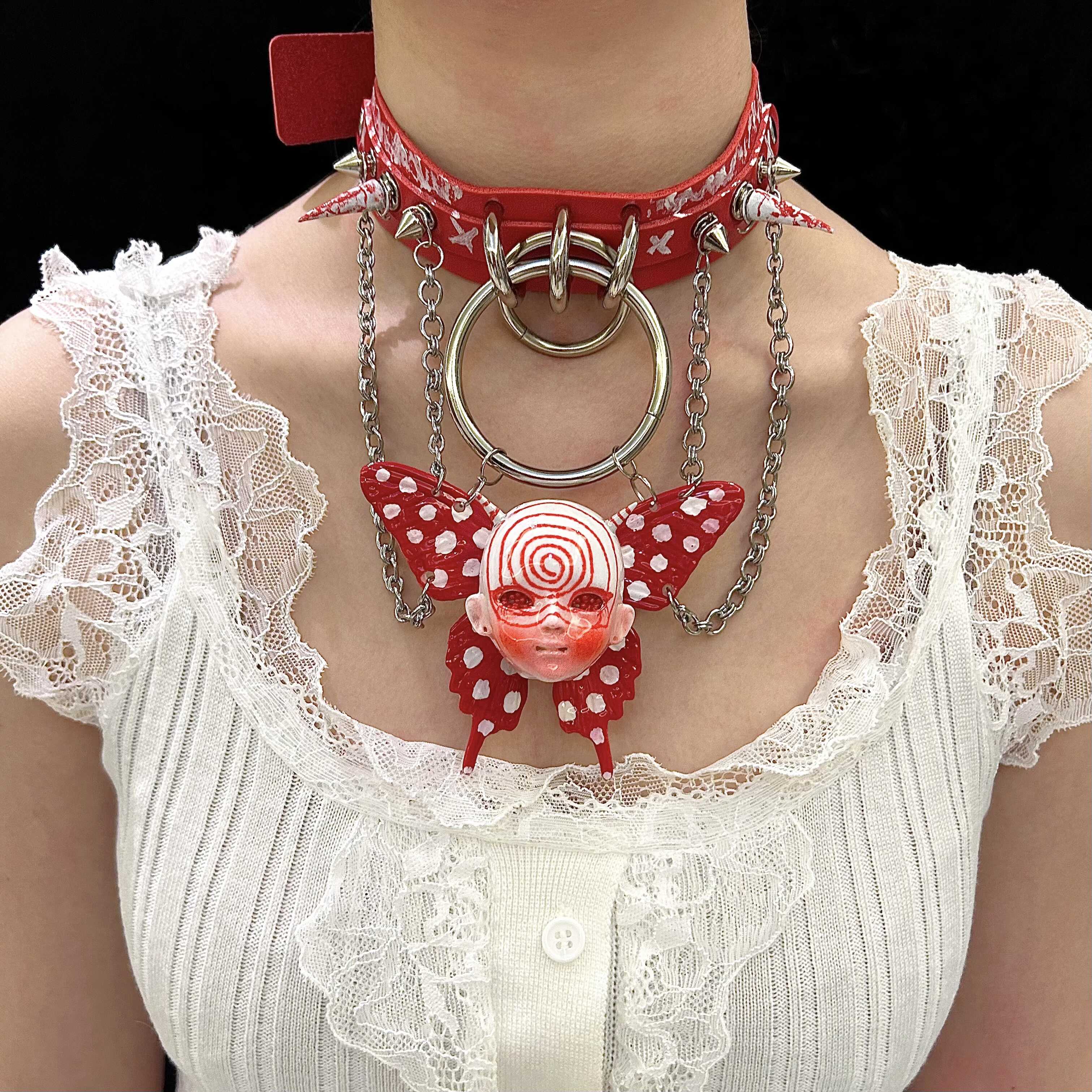 Red Graffiti Leather Spiked Choker with Spiral Doll Face & Spotted Butterfly Wings