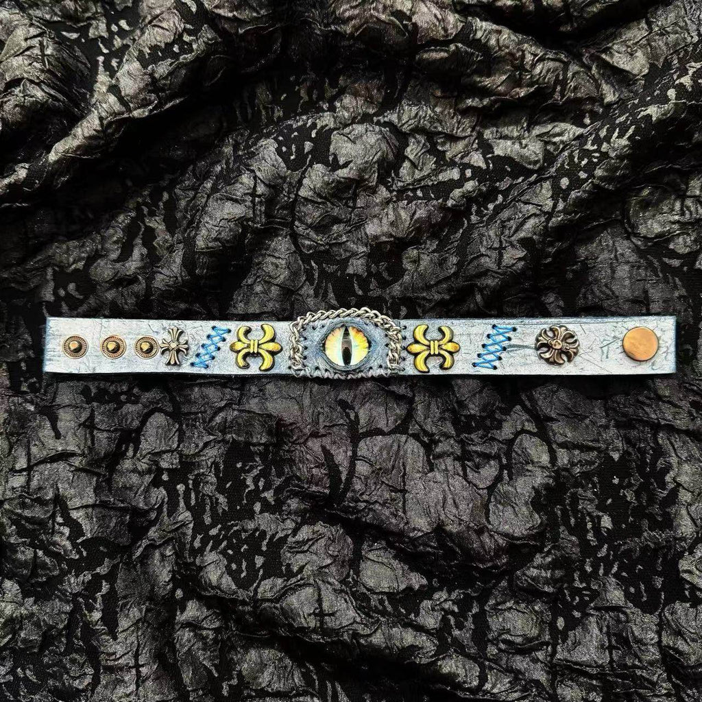Ancient Grey Leather Dragon Eye Bracelet - Blue Runic Pattern Cuff - Nordic Viking Style Wristband - Vintage Brass Studs