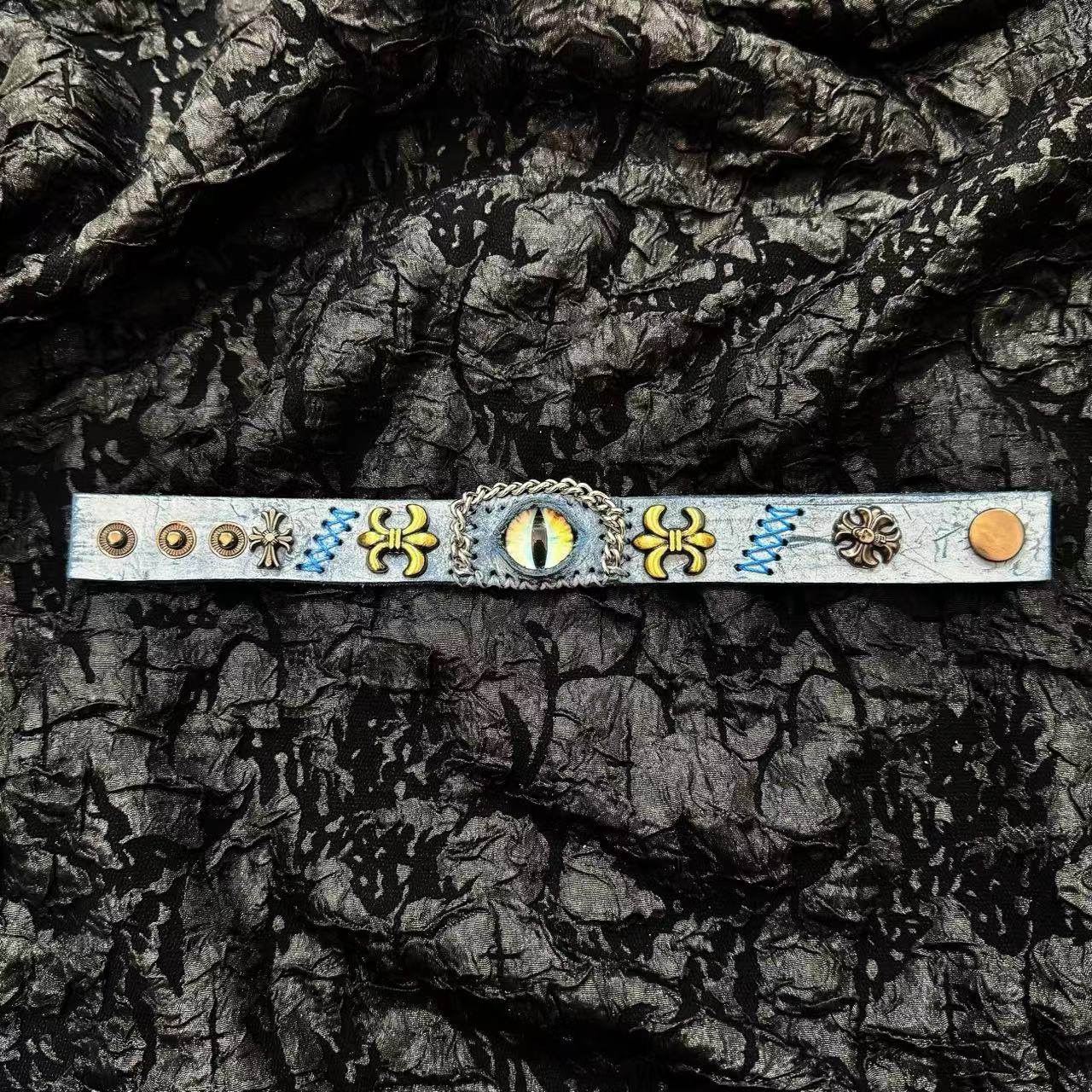 Ancient Grey Leather Dragon Eye Bracelet - Blue Runic Pattern Cuff - Nordic Viking Style Wristband - Vintage Brass Studs