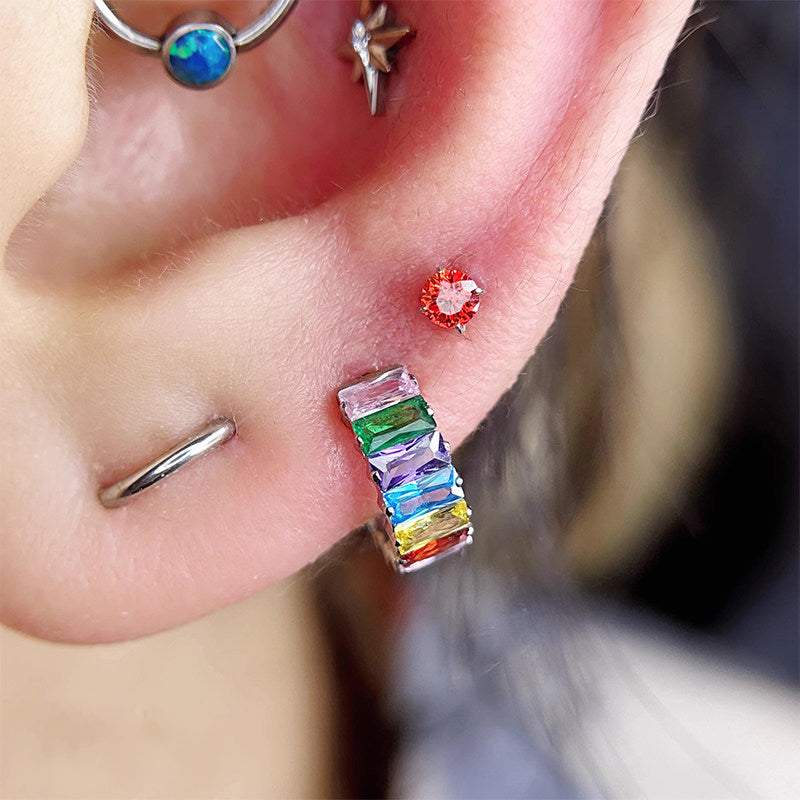 ASTM F136 Titanium Rainbow CZ Septum Clicker - Chunky Icy Cartilage Hoop