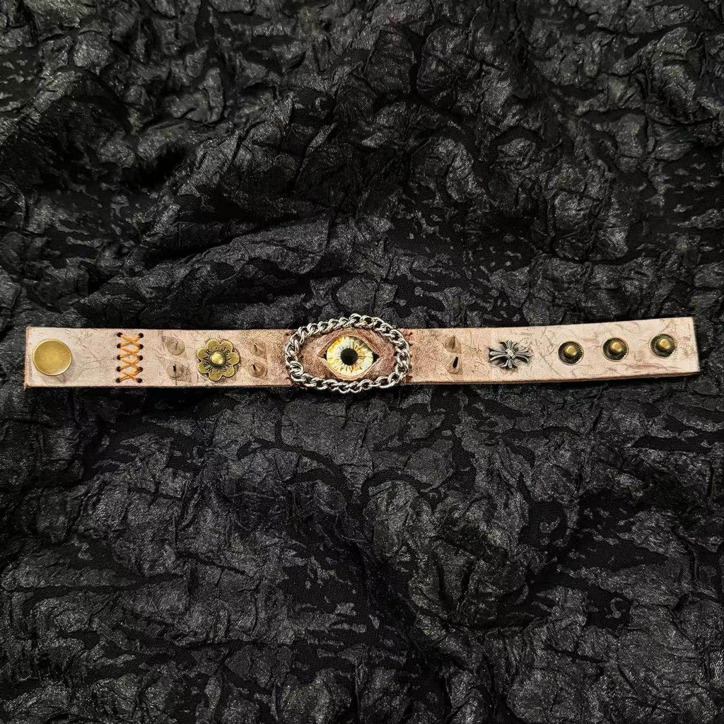 Steampunk Brown Leather Dragon Eye Bracelet - Vintage Grunge Spiked Cuff - Golden Cat Eye Wristband - Wasteland Aesthetic