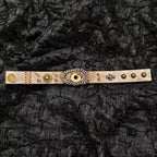 Steampunk Brown Leather Dragon Eye Bracelet - Vintage Grunge Spiked Cuff - Golden Cat Eye Wristband - Wasteland Aesthetic