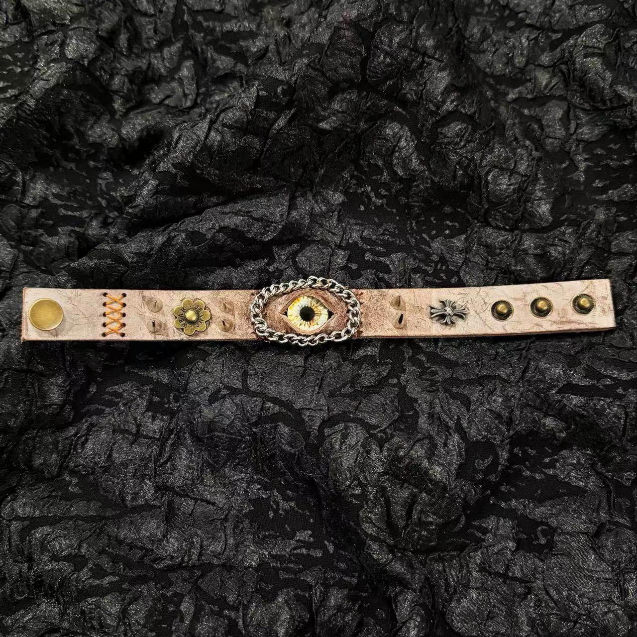 Steampunk Brown Leather Dragon Eye Bracelet - Vintage Grunge Spiked Cuff - Golden Cat Eye Wristband - Wasteland Aesthetic