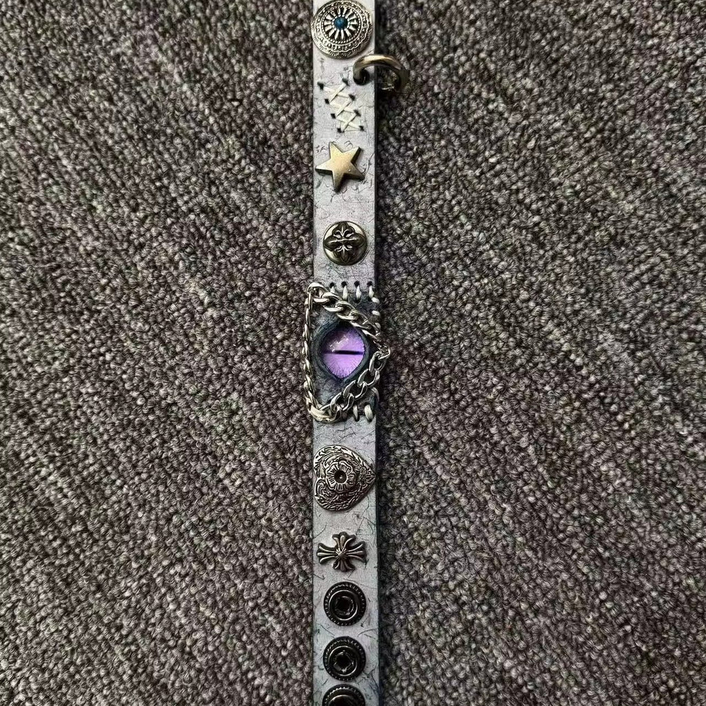 Celestial Ice Blue Leather Bracelet - Purple Dragon Eye Cuff - Star Studded Fantasy Wristband - Galaxy Aesthetic