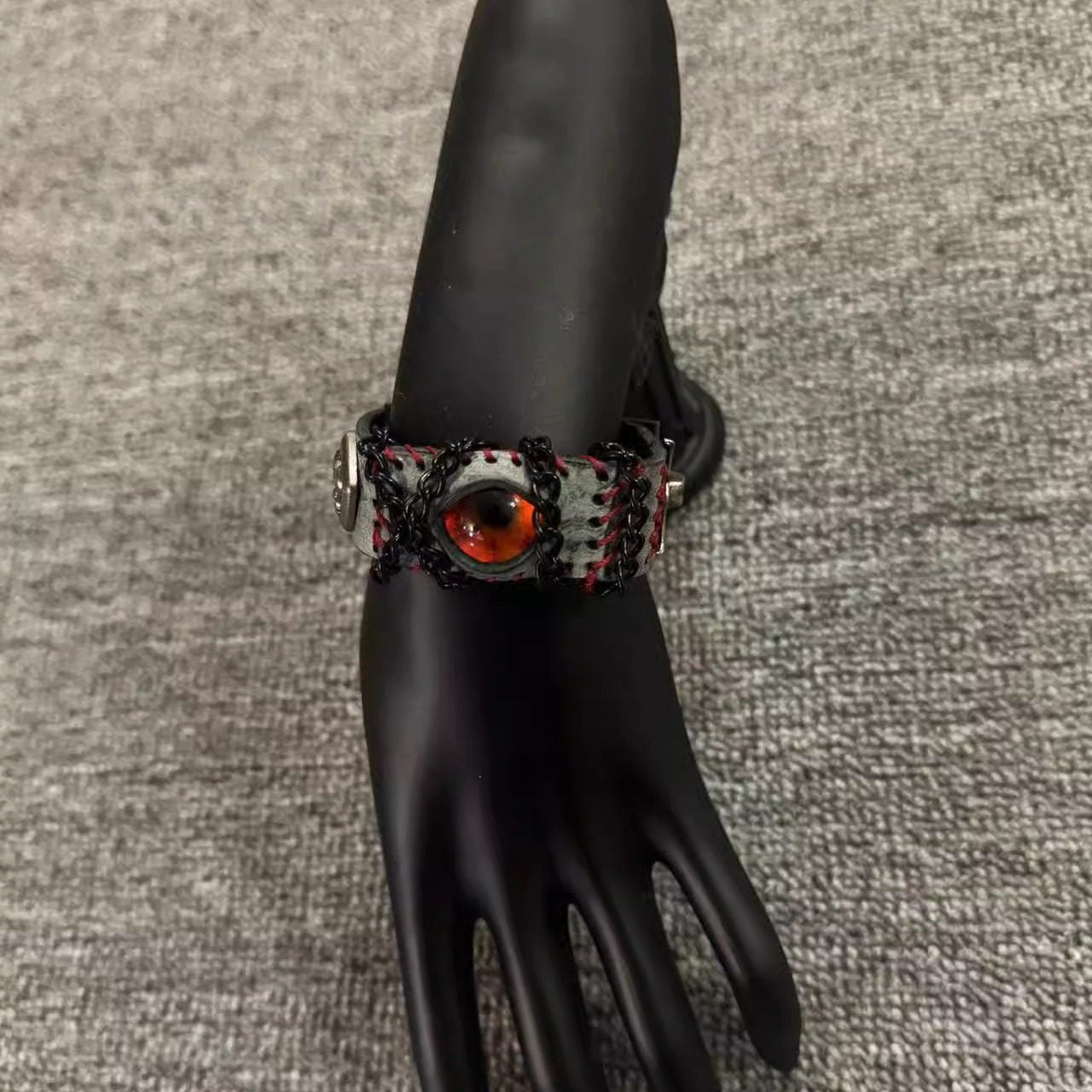 Grunge Concrete Grey Leather Stitched Bracelet - Red Dragon Eye Cuff - Punk Wristband