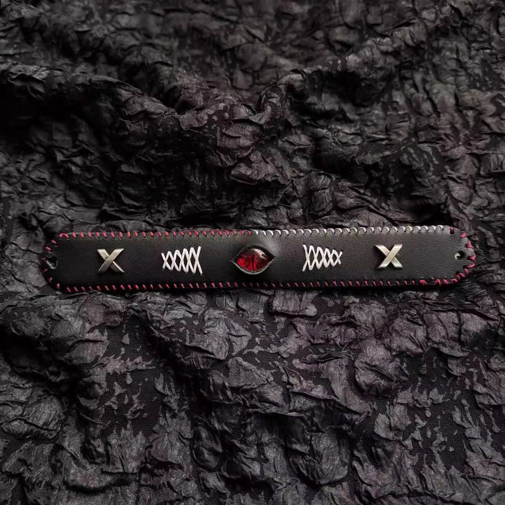 Gothic Black Leather X-Stitch Bracelet - Red Dragon Eye Cuff - Red Border & Silver Studs - Dark Ritual Wristband