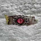 Vintage Grunge Grey Leather Bracelet - Pink Dragon Eye Cuff with Gold Moth Charms - Fairy Grunge Fantasy Wristband