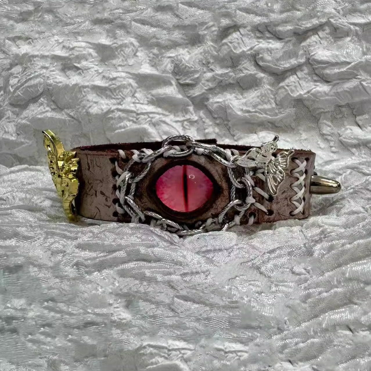 Vintage Grunge Grey Leather Bracelet - Pink Dragon Eye Cuff with Gold Moth Charms - Fairy Grunge Fantasy Wristband