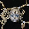 Silver Metallic "Third Eye" Crying Doll Face Choker - Black Leather & Gothic Cross Studs