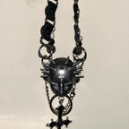 Silver Spiked Doll Face Necklace - Layered Beaded Chain & Inverted Cross Pendant