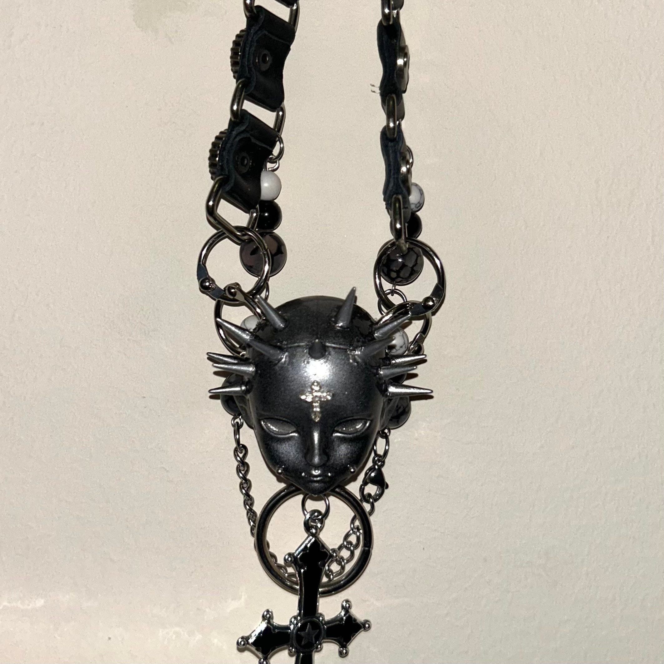 Silver Spiked Doll Face Necklace - Layered Beaded Chain & Inverted Cross Pendant